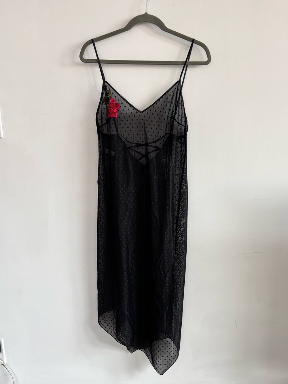 Feminine Sheer Black Polka Dot Slip Dress with Red Rose Accent- Size US 12